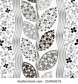 Monochrome seamless pattern of abstract blooming branches.