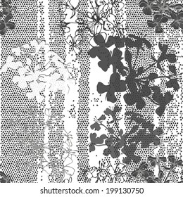 Monochrome seamless pattern of abstract flowers. Hand-drawn floral background.