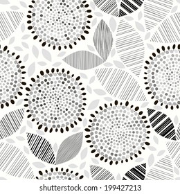 Patrón monocromo sin fisuras de flores abstractas.