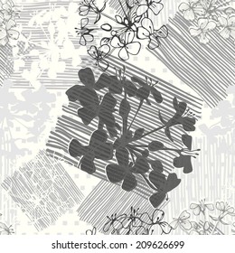 Monochrome seamless pattern of abstract flowers. Hand-drawn floral background.