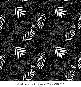 Monochrome seamless pattern of abstract flowers. Floral vector illustration on a black background