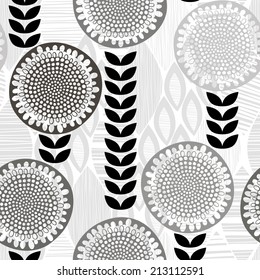Monochrome seamless pattern of abstract flowers.