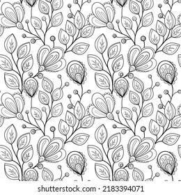 Monochrome Seamless Pattern with Abstract Flowers and Leaves. Endless Texture with Floral Motifs. Nature Inspired Abstract Elements. Coloring Book Page. Vector Contour Illustration