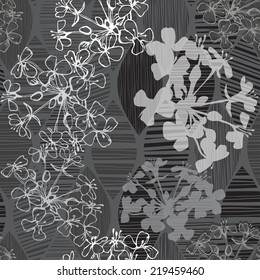 Monochrome seamless pattern of abstract flowers. Hand-drawn floral background.