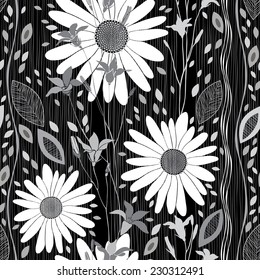 Monochrome seamless pattern of abstract flowers and  leaves on black background.