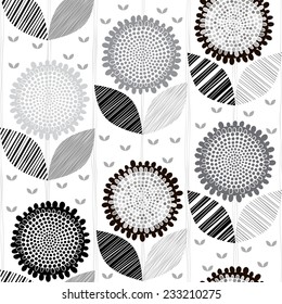 Monochrome seamless pattern of abstract flowers.