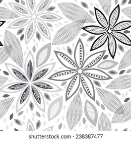 Monochrome seamless pattern of abstract flowers.
