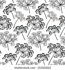Monochrome seamless pattern of abstract flowers. Hand-drawn floral background.