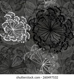 Monochrome seamless pattern of abstract flowers. Hand-drawn floral background. 