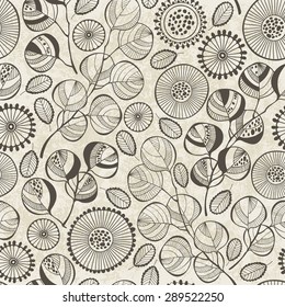 Monochrome seamless pattern of abstract flowers. Hand-drawn floral background with doodle elements.