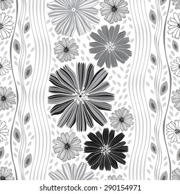 Monochrome seamless pattern of abstract flowers.