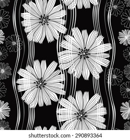 Monochrome seamless pattern of abstract flowers.