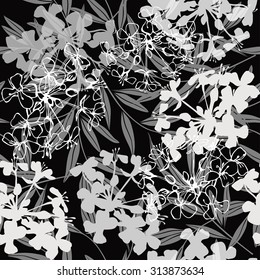 Monochrome seamless pattern of abstract flowers and leaves. Hand-drawn floral background.