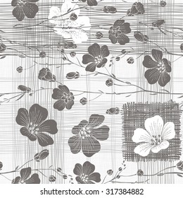 Monochrome seamless pattern of abstract flowers. Hand-drawn floral background.