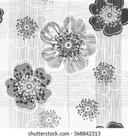 Monochrome seamless pattern of abstract flowers. Hand-drawn floral background.