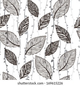 Monochrome seamless pattern of abstract leaves.