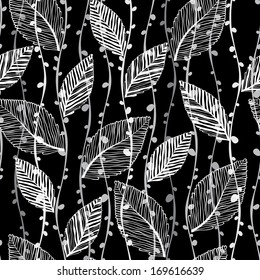 Monochrome seamless pattern of abstract leaves.