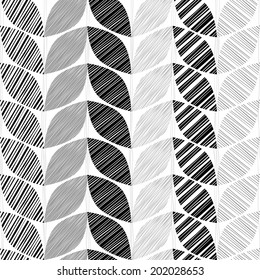 Monochrome seamless pattern of abstract leaves.