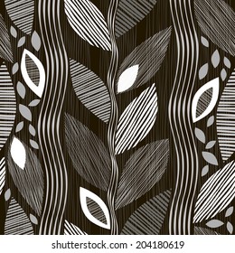 Monochrome seamless pattern of abstract leaves on a black background.