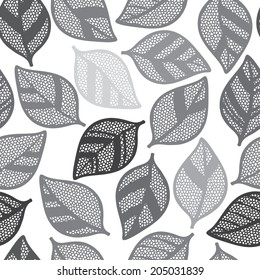 Monochrome seamless pattern of abstract leaves.