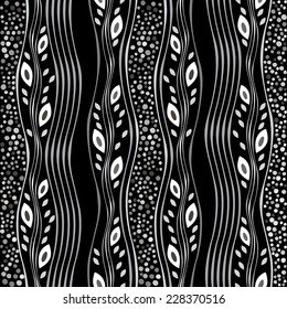 Monochrome seamless pattern of abstract leaves.