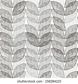 Monochrome seamless pattern of abstract leaves.