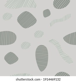 Monochrome seamless pattern. Abstract Organic pattern memphis style with grey hand drawn stone fragments and organic shapes. Flooring design. Trendy colors. Aesthetic geometric balance organic shapes.