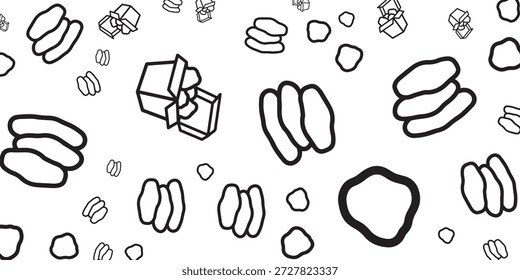 Un patrón monocromo sin fisuras con Formas orgánicas abstractas como guijarros y cajas de regalo de contorno estilizado que contienen anillos, dispersos al azar sobre un fondo blanco.