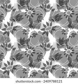 Monochrome seamless pattern with abstract retro wildflowers. Vintage floral digital paper