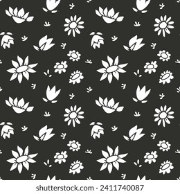 Monochrome nahtlose Muster mit abstrakten Retro-Wildblumen. Vintage Blumenpapier