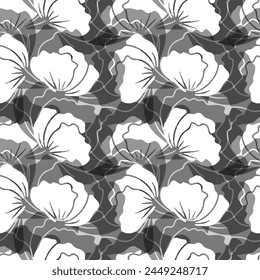 Monochrome seamless pattern with abstract retro poppy flowers. Vintage floral digital paper