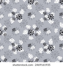 Monochrome seamless pattern with abstract retro wild flower blooms on gray background. Vintage ditsy floral digital paper