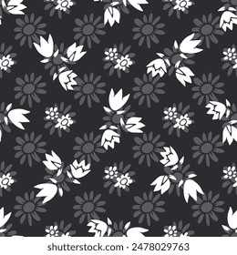 Patrón monocromo sin fisuras con flores silvestres retro abstracto florece sobre fondo negro. Antiguas ditsy papel digital floral