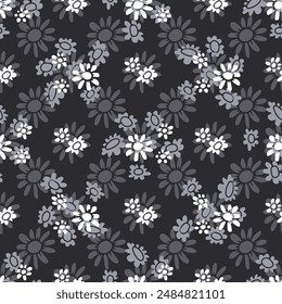 Monochrome seamless pattern with abstract retro wild flower blooms on black background. Vintage ditsy floral digital paper