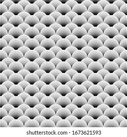 Monochrome seamless pattern with abstract round 3d white sphere consisting of dots in form of halftone. Scientific and technical frame illustration. Vector illustration.
