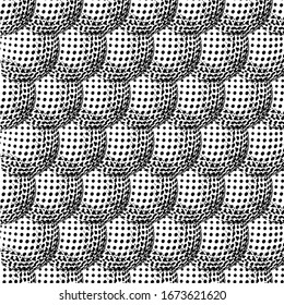 Patrón monocromo sin fisuras con esfera abstracta redonda de 3d blanca que consiste en puntos en forma de semitonos. Ilustración científica y técnica del marco. Ilustración vectorial.