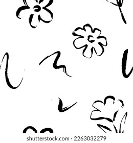 Monochrome seamless pattern with abstract textural flowers and lines. Graphic hand drawn brush stroke botanical vector background