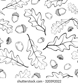 Monochrome seamless pattern with acorns and oak leaves. Vector background