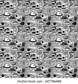 Monochrome seamless pattern assortment of food