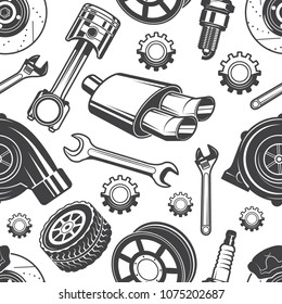 Monochrome seamless pattern with automobile tools and details