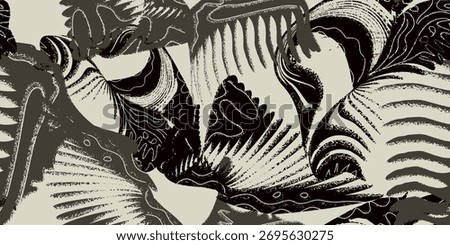 Monochrome seamless pattern with beautiful abstract botanical and antique architectural drawings. Creative artistic artwork for fabric design, background, and contemporary decoration.