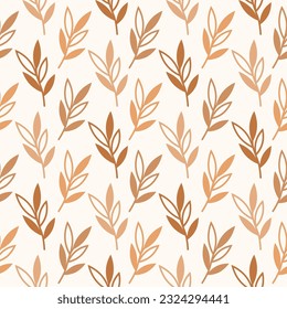 Monochrome seamless pattern with beige leaves. Vector illustration. Autumn plant background with twigs. Pastel vintage colors.