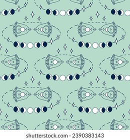 Monochrome seamless pattern with birds day and night, moon phases, stars. Mystic print for tee, paper, textile and fabric. Doodle vector illustration.


