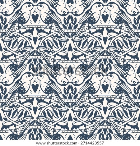 Monochrome seamless pattern with birds and flowers in retro style. Vector illustration.