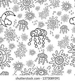 Monochrome seamless pattern with black images of clouds, stars, moon and sun on the white background