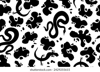 Monochrome seamless pattern
 black spots animal skins silhouette snake salamander lizard. black and white vector animalistic background.