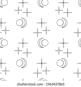 Monochrome seamless pattern with black stars and crescents on white background. Stock vector illustration.