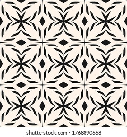 Monochrome seamless pattern. Black and white vector ornament texture with crosses, diamonds, floral shapes, grid, lattice. Gothic style background. Repeat design for decor, wallpapers, fabric, cloth