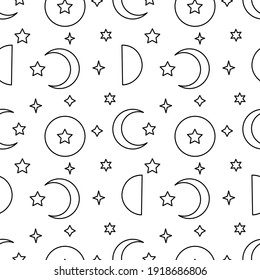 Monochrome seamless pattern with black and white moon and stars on white background. Stock vector illustration.