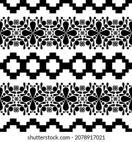 Monochrome seamless pattern, black and white, ethnic fabric design.